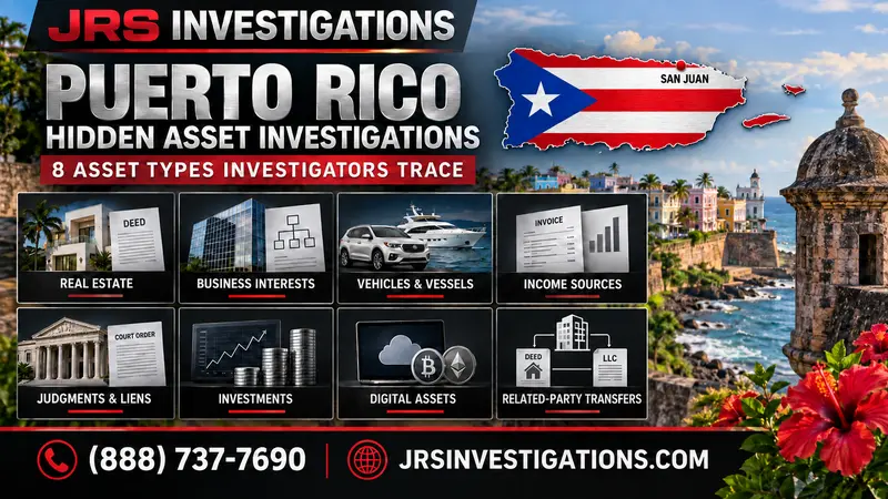 JRS Investigations Puerto Rico hidden asset investigation graphic showing the Puerto Rican flag inside the island map, a red San Juan location dot, and eight asset types investigators trace