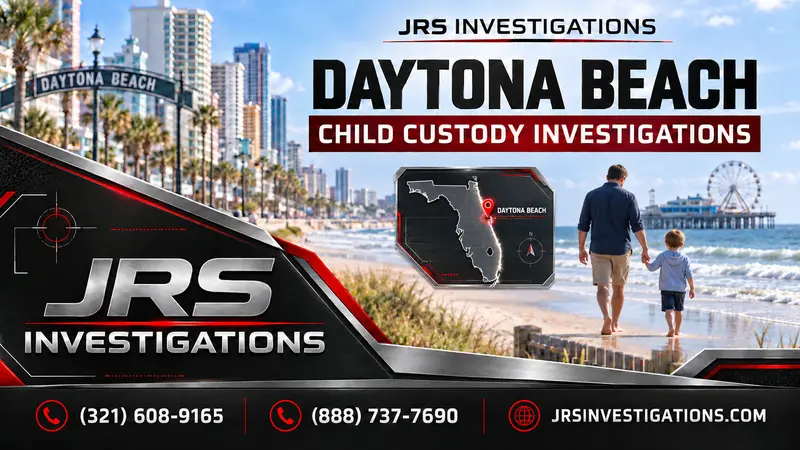 JRS Investigations Daytona Beach child custody investigations with parent and child, Florida map, and location pin