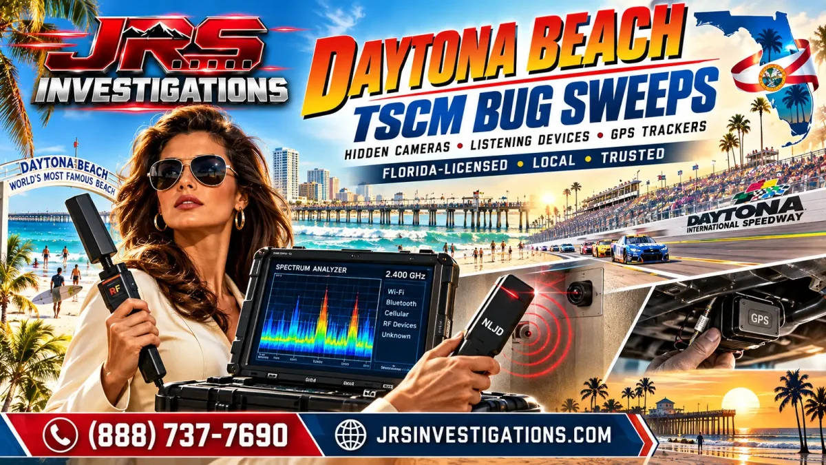 JRS Investigations Daytona Beach TSCM bug sweep guide featuring RF spectrum analysis, hidden-camera detection, listening-device searches and GPS tracker inspections