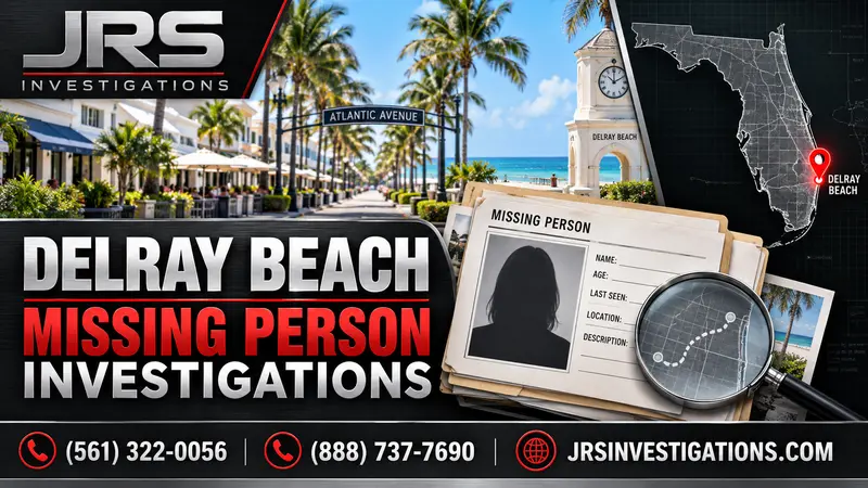 JRS Investigations Delray Beach missing person investigations with Florida map, location pin, and case file