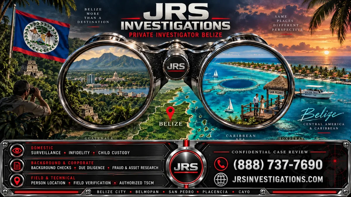 JRS Investigations private investigator services in Belize including surveillance, infidelity, child custody, background checks, due diligence, fraud and asset research, person location, field verification and authorized TSCM