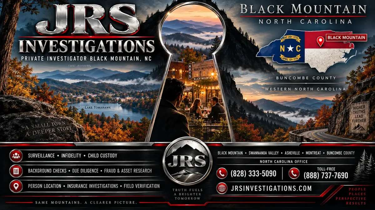 JRS Investigations private investigator services in Black Mountain North Carolina including surveillance, infidelity, child custody, background checks, due diligence, fraud and asset research, person location, insurance investigations and field verification
