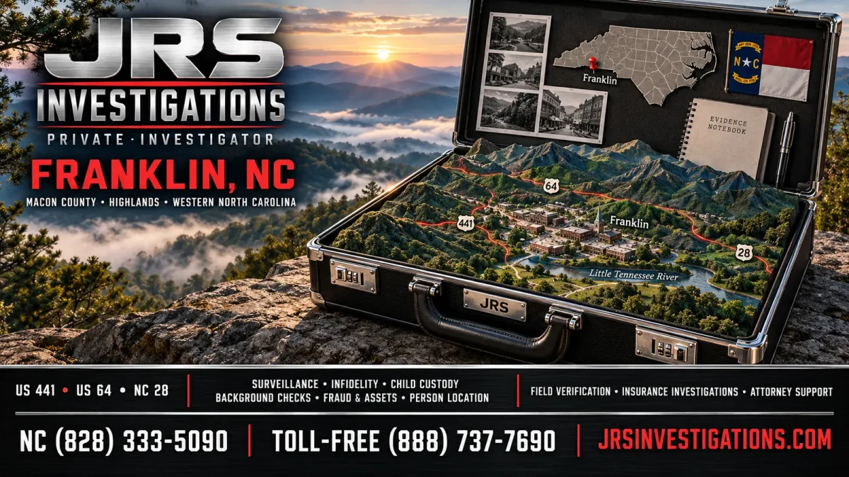 JRS Investigations private investigator in Franklin, North Carolina, serving Macon County with surveillance, infidelity, child custody, background checks, fraud, assets, insurance investigations, and attorney support.