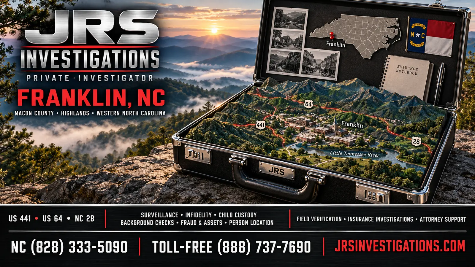 JRS Investigations private investigator in Franklin, North Carolina, serving Macon County with surveillance, infidelity, child custody, background checks, fraud, assets, insurance investigations, and attorney support.