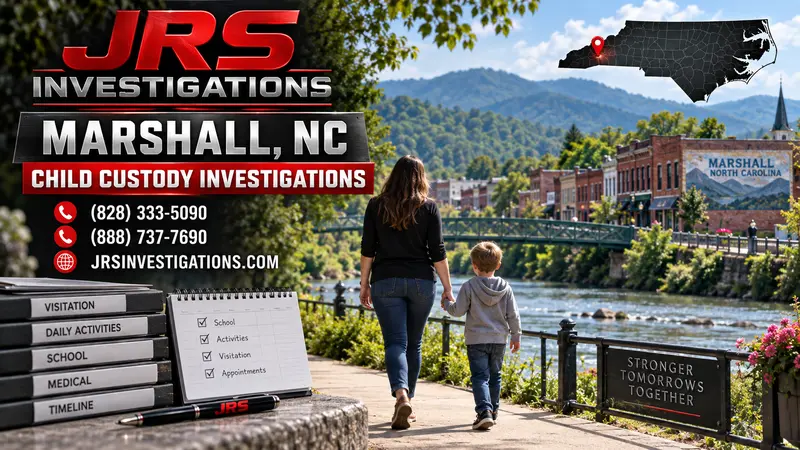 JRS Investigations Marshall NC child custody investigator artwork with a parent and child, French Broad River, mountains, and North Carolina location pin