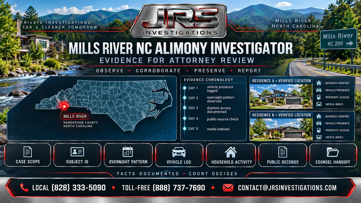 Mills River NC alimony reduction investigator from JRS Investigations
