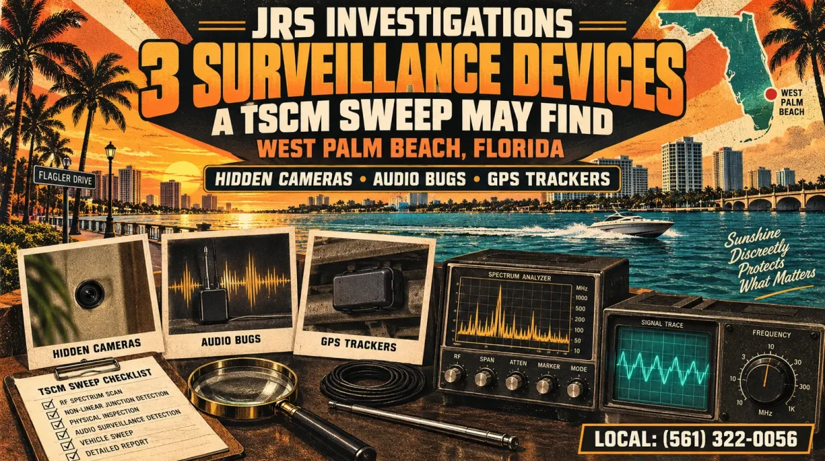 West Palm Beach TSCM bug sweep for hidden cameras, audio bugs, and GPS trackers — local (561) 322-0056