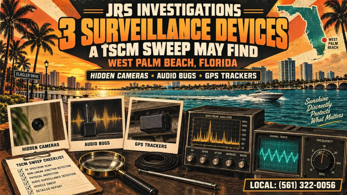 West Palm Beach TSCM bug sweep for hidden cameras, audio bugs, and GPS trackers — local (561) 322-0056
