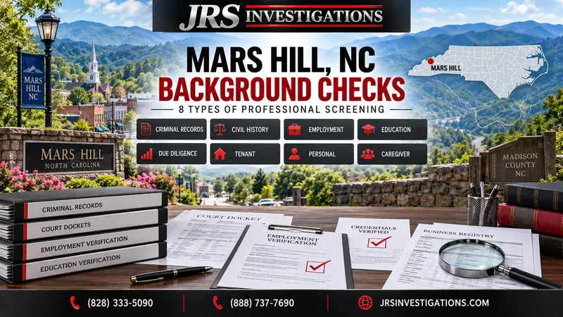 Mars Hill NC background checks featured artwork with Blue Ridge Mountains, North Carolina location marker and eight professional screening categories