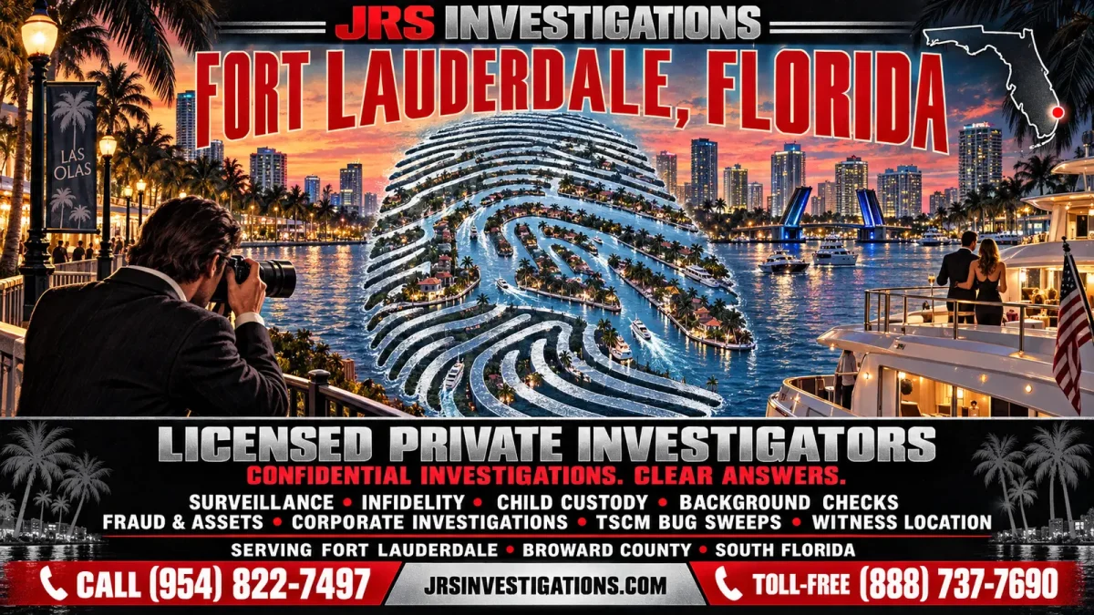 JRS Investigations private investigator services in Fort Lauderdale, Florida, including surveillance, infidelity, child custody, background checks, fraud, assets, TSCM, and witness location