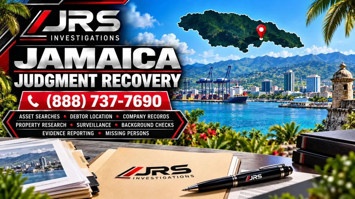 JRS Investigations Jamaica judgment recovery services with asset searches, debtor location, company records, property research, surveillance, background checks, evidence reporting and missing persons