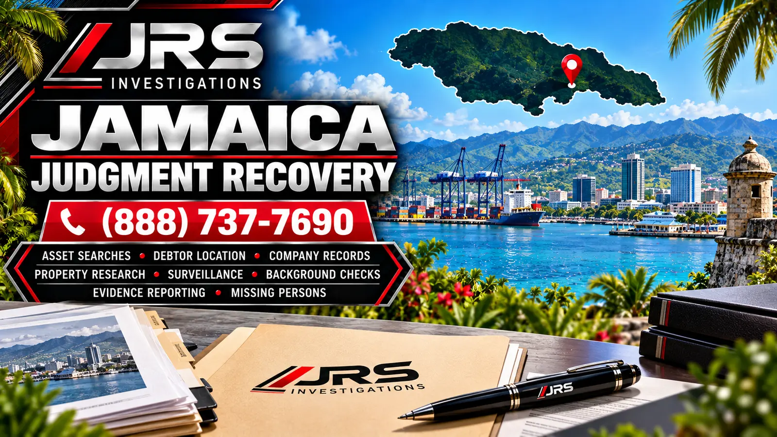 JRS Investigations Jamaica judgment recovery services with asset searches, debtor location, company records, property research, surveillance, background checks, evidence reporting and missing persons