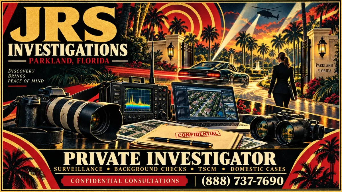 JRS Investigations Parkland Florida private investigator services featuring modern surveillance equipment, background checks, TSCM sweeps and domestic investigations