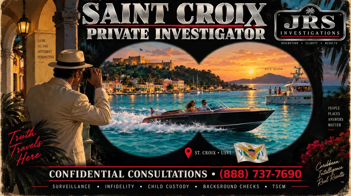 JRS Saint Croix private investigation illustration with Caribbean harbor, USVI flag and service footer