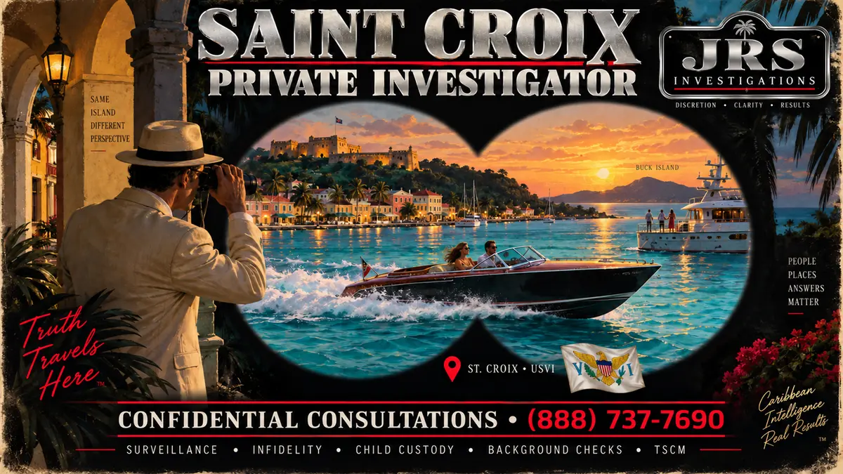 Saint Croix USVI private investigator from JRS Investigations monitoring a distant speedboat through binoculars in a 1970s Caribbean spy-thriller scene