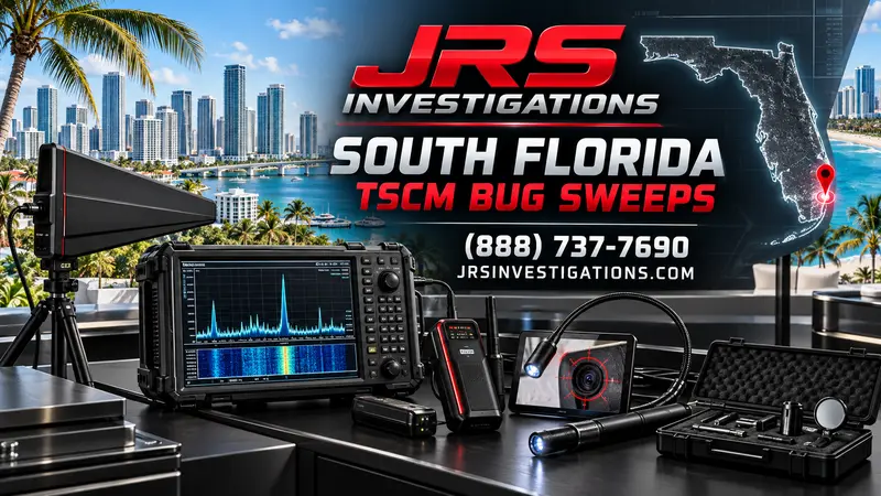 JRS Investigations South Florida TSCM bug sweeps with modern detection equipment, coastal skyline, Florida map, and southeast location pin