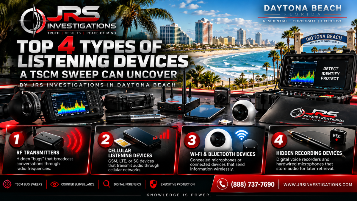 JRS Investigations TSCM bug sweep in Daytona Beach Florida detecting RF cellular Wi-Fi and hidden listening devices