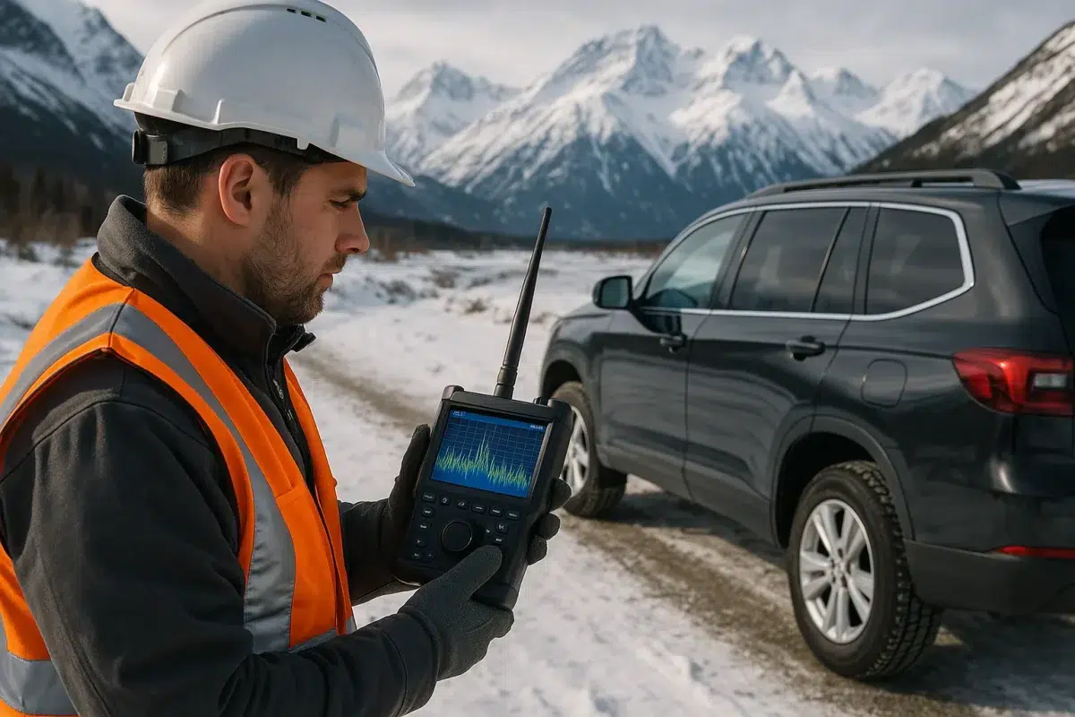 TSCM technician assessing a vehicle in an Alaska winter landscape