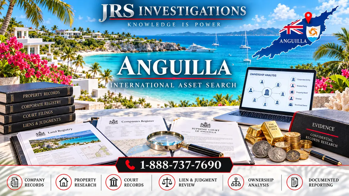 JRS Investigations Anguilla international asset search with company, property and court records, ownership analysis, gold and collectible assets