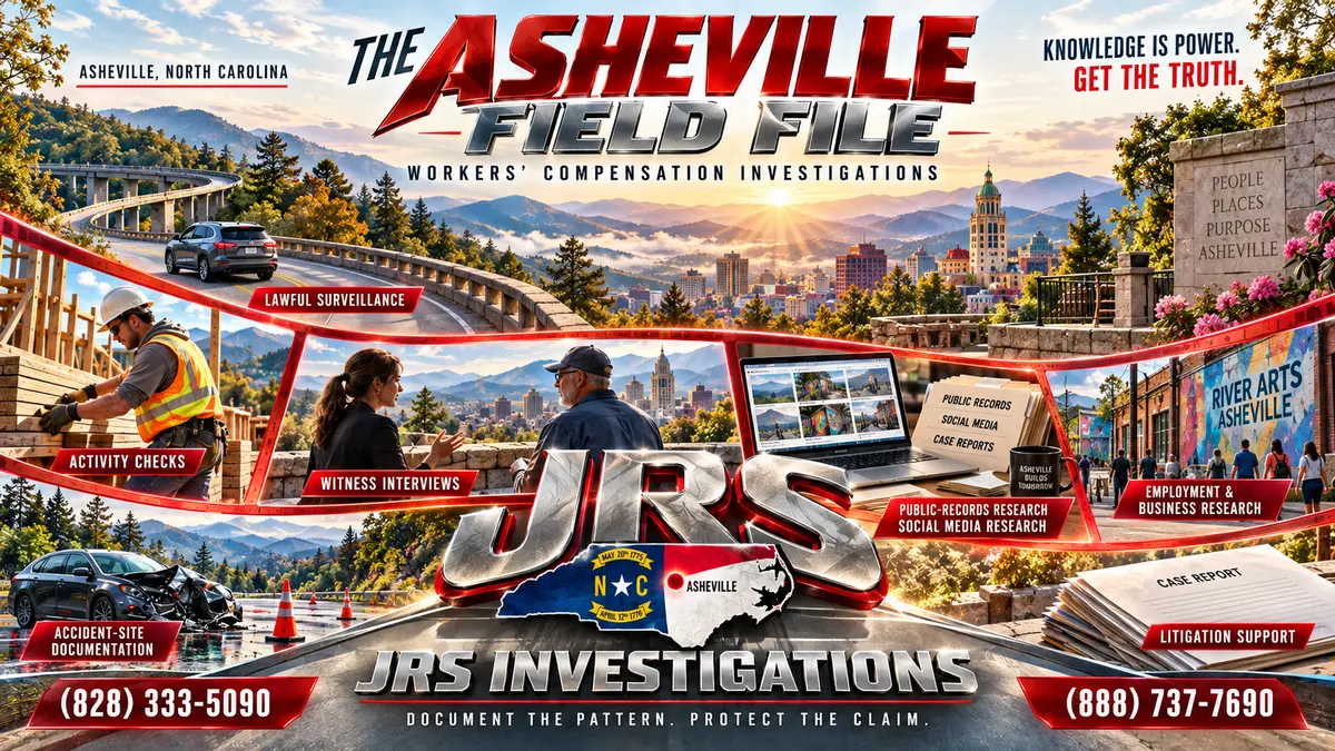 JRS Investigations Asheville workers’ compensation investigator Field File artwork featuring the Blue Ridge Mountains, Asheville skyline, River Arts District and lawful evidence services.