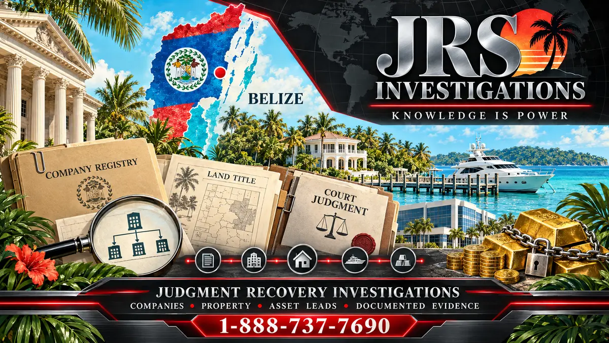 JRS Belize investigation artwork with company registry, land title, court judgment, property, vessel and documented asset leads