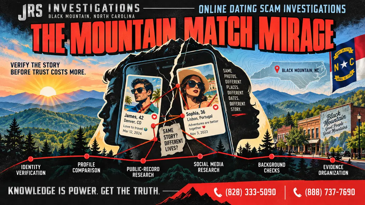 JRS Investigations Black Mountain online dating scam investigator artwork showing identity verification, profile comparison, public-record research and background checks.