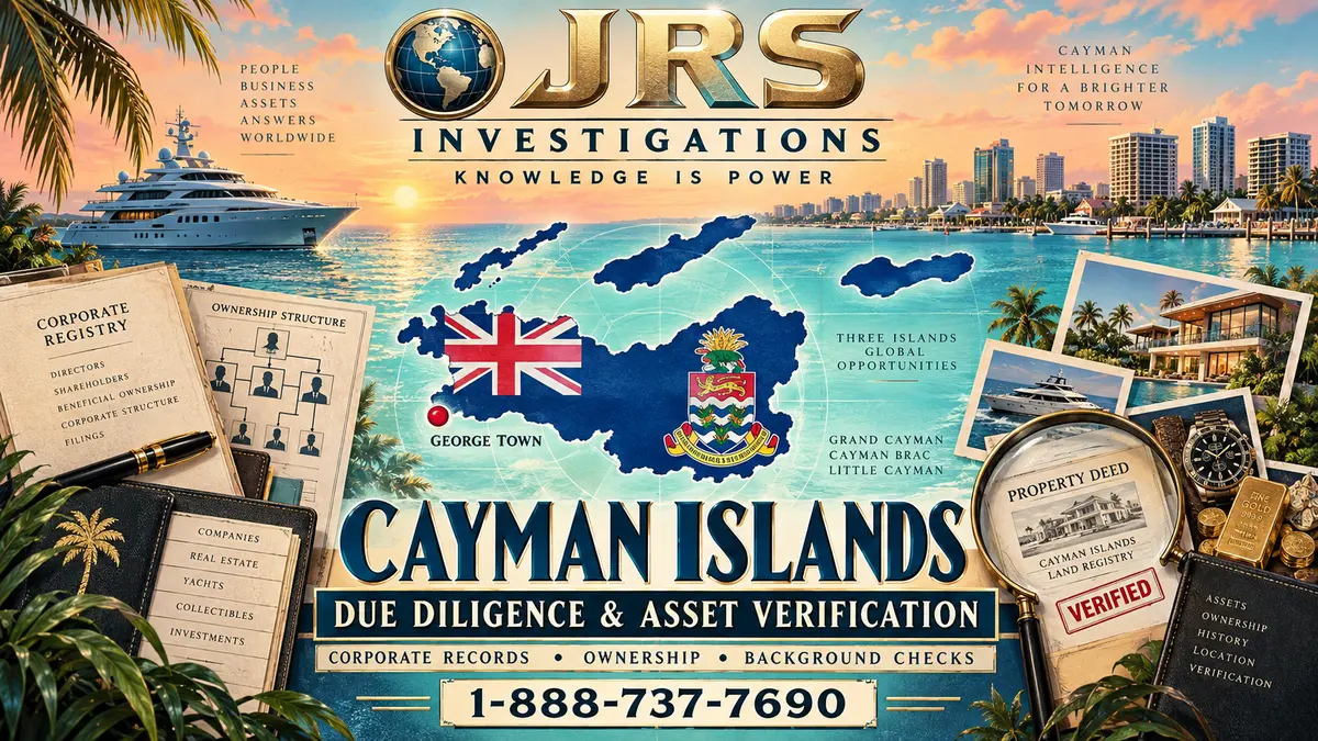 Retro JRS Cayman Islands due diligence and asset verification artwork with flag-wrapped islands, George Town marker, corporate records, property, yacht and gold assets