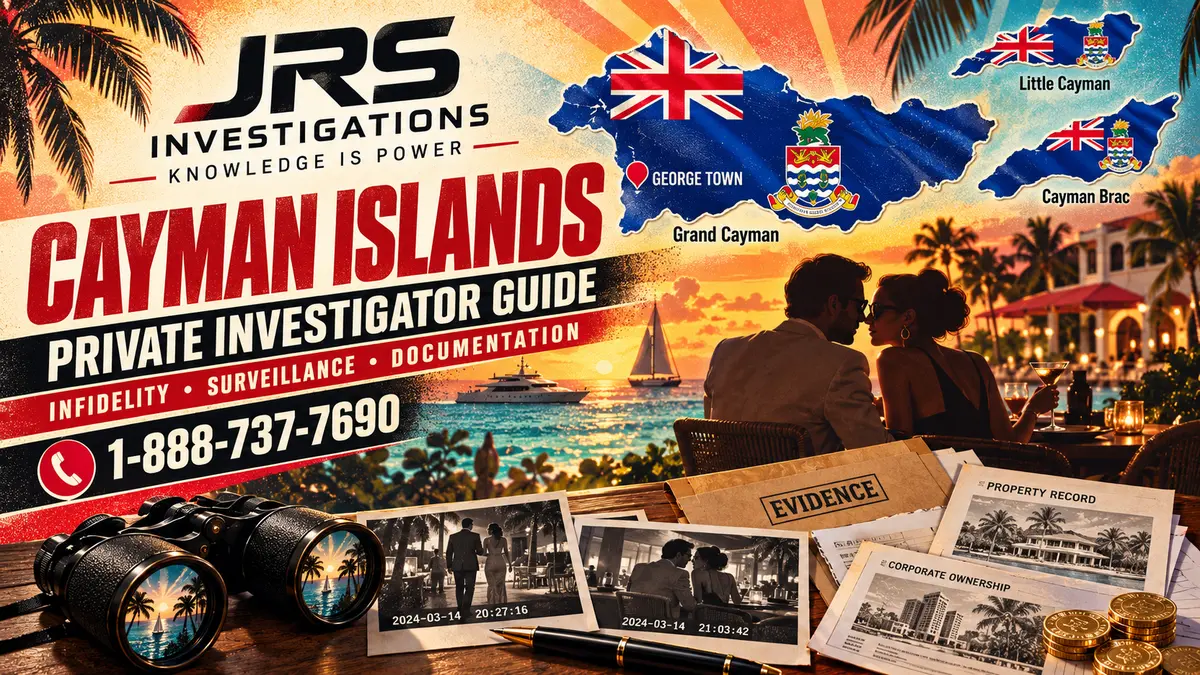 Retro JRS Cayman Islands private investigator guide with flag-wrapped islands, George Town marker, infidelity surveillance documentation and Caribbean resort