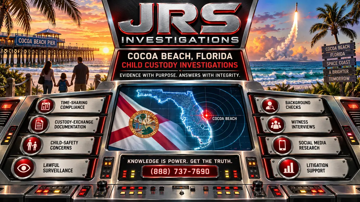 JRS Investigations Cocoa Beach child custody artwork featuring a Space Coast mission-control design, Cocoa Beach Pier, rocket launch, Florida map and child custody investigation services.