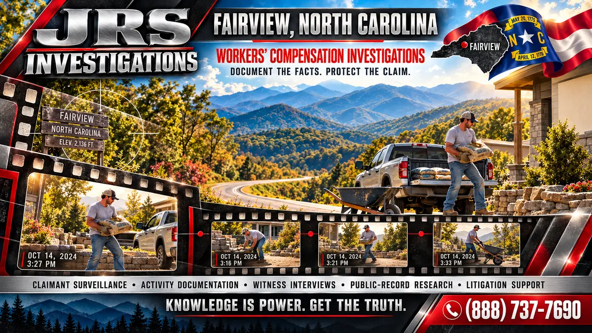 JRS Investigations Fairview NC workers’ compensation investigations artwork showing a construction worker, Blue Ridge Mountains, an evidence timeline and the North Carolina flag.