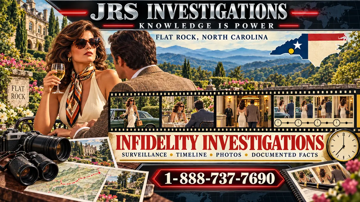 Retro JRS Flat Rock infidelity investigation artwork with public rendezvous, surveillance timeline, camera, route map and documented facts
