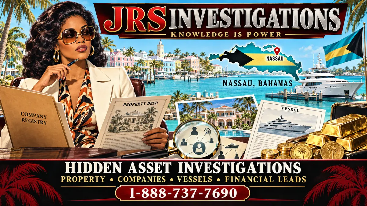 Retro JRS Nassau hidden asset investigation artwork with Bahamas flag map marker, company registry, property deed, yacht, gold and financial leads