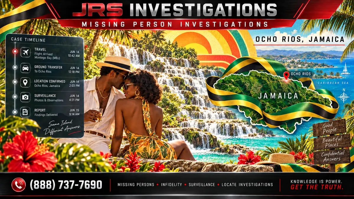 JRS Investigations Ocho Rios Jamaica missing person investigations with waterfall, Jamaica map and investigation timeline