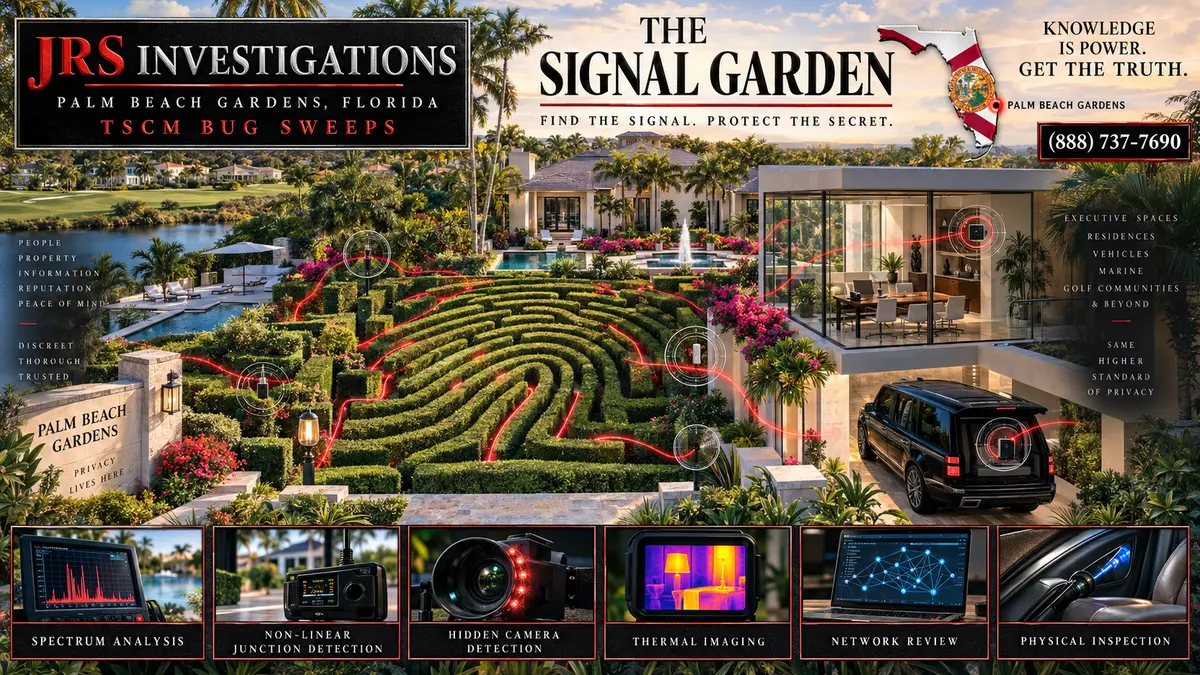 JRS Investigations Palm Beach Gardens TSCM bug sweep artwork showing a luxury signal garden, residence, executive office, vehicle and six professional detection methods.
