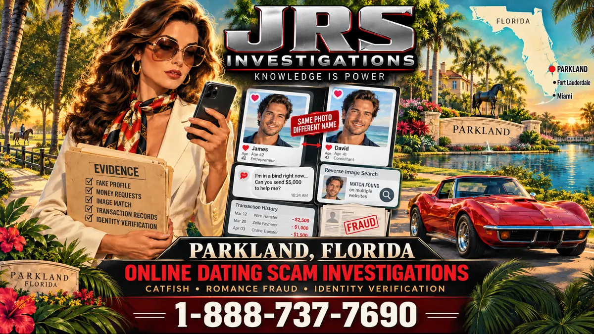 Retro JRS Parkland online dating scam investigation artwork with Florida map marker, false profiles, money requests, reverse image match and documented evidence