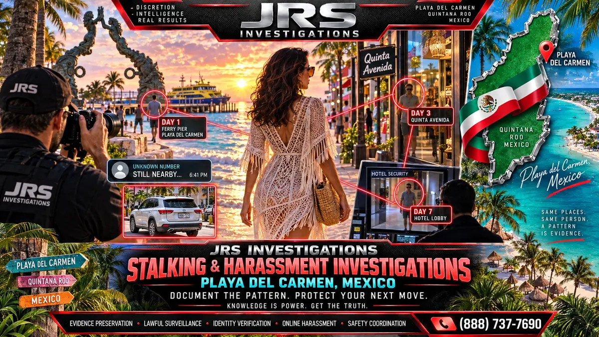 JRS Investigations stalking and harassment investigation in Playa del Carmen Mexico showing a woman on the beach, recurring follower pattern, surveillance documentation and Quintana Roo map