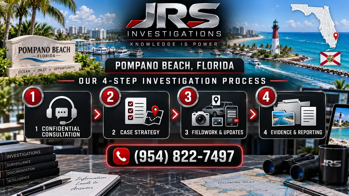JRS Investigations four-step Pompano Beach investigation process with consultation, strategy, fieldwork updates and evidence reporting