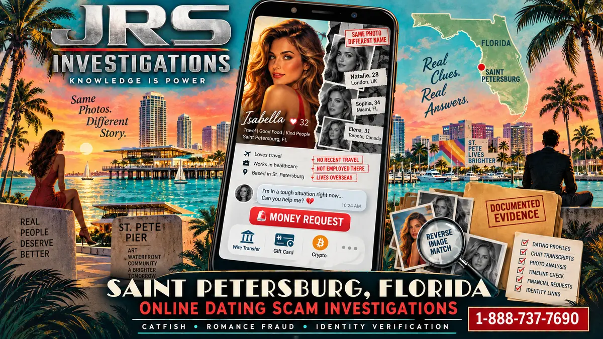 Retro JRS Saint Petersburg online dating scam investigation artwork with Florida map marker, false profiles, money request, reverse image match and documented evidence
