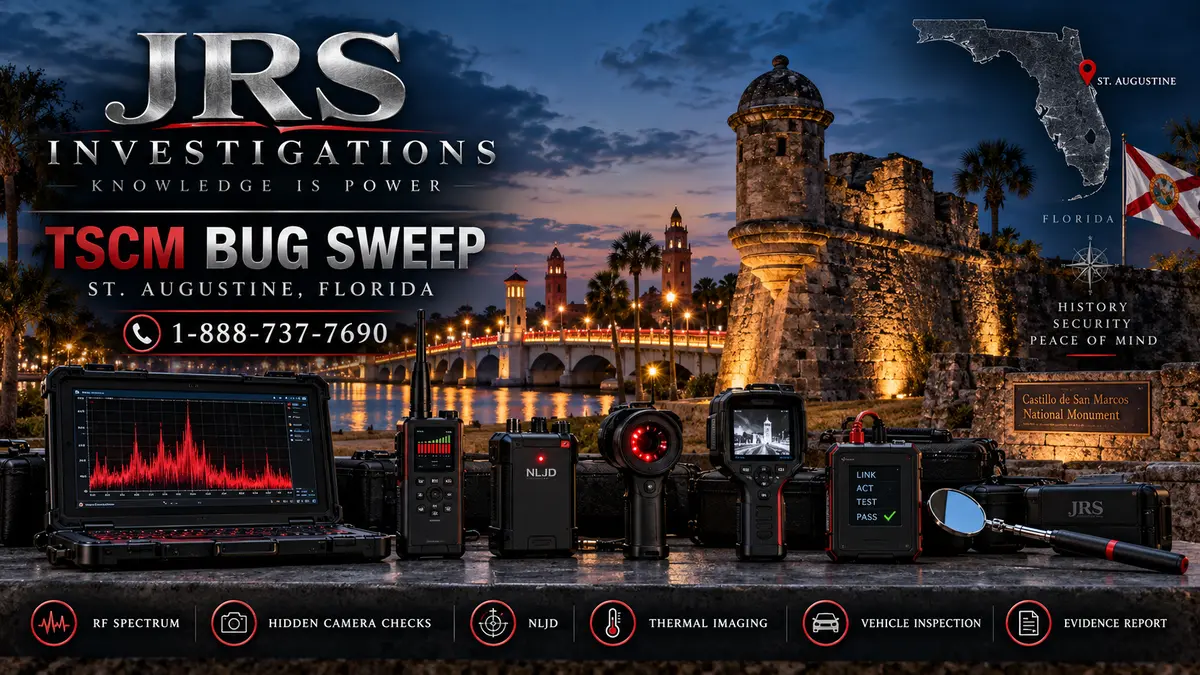 JRS Investigations St. Augustine TSCM bug sweep with professional RF, hidden-camera, NLJD, thermal-imaging and vehicle-inspection equipment