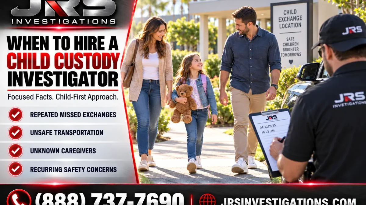 JRS Investigations child custody investigator documenting a safe child exchange with warning signs for missed exchanges, unsafe transportation, unknown caregivers and recurring safety concerns
