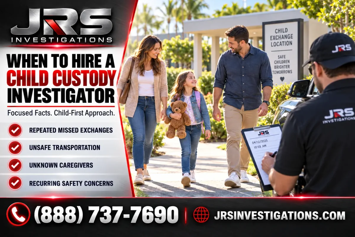 JRS Investigations child custody investigator documenting a safe child exchange with warning signs for missed exchanges, unsafe transportation, unknown caregivers and recurring safety concerns