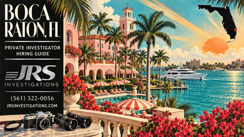 Boca Raton private investigator hiring guide with waterfront resort, investigation tools and Florida location marker