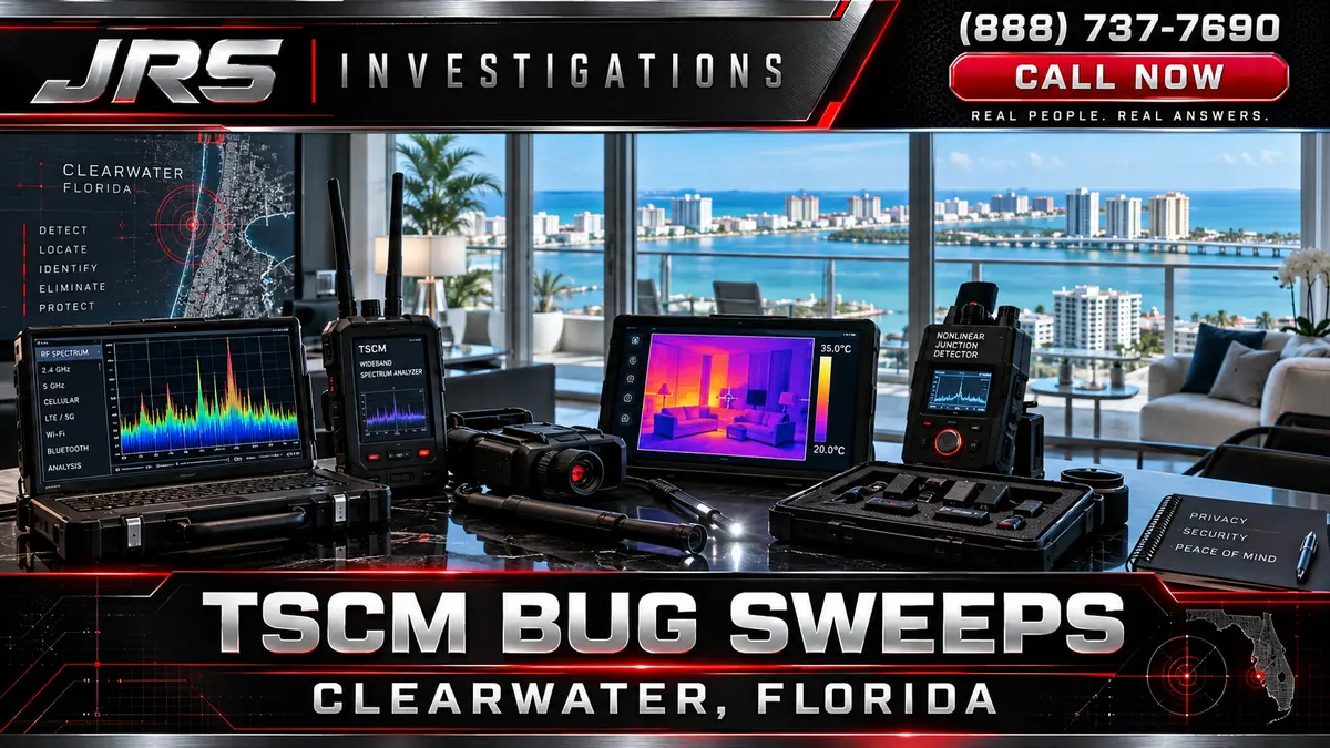JRS Investigations Clearwater TSCM command center with RF spectrum analysis, thermal imaging, detection equipment, and Florida Gulf waterfront