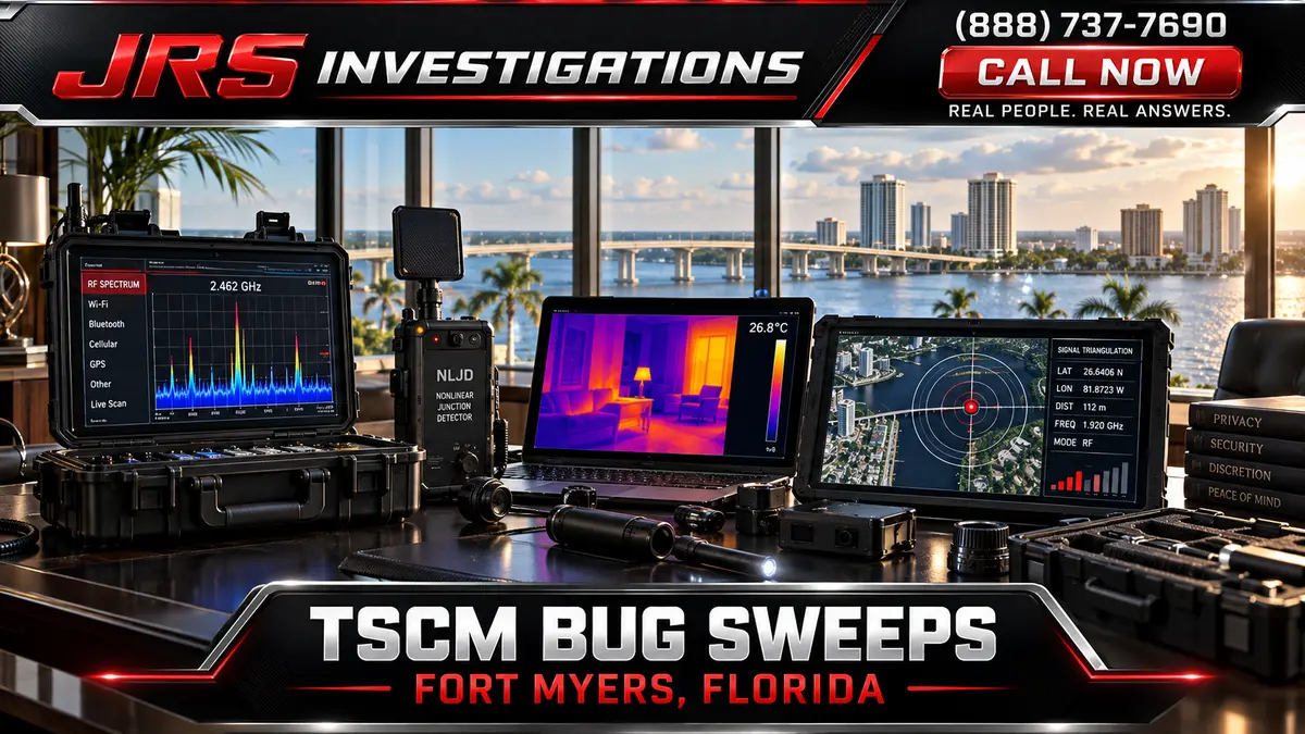 JRS Investigations Fort Myers TSCM command center with RF spectrum analysis, thermal imaging, detection equipment, and Caloosahatchee River skyline