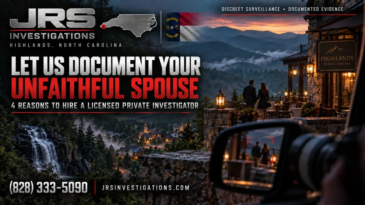 Highlands NC infidelity investigator documenting a suspected unfaithful spouse through discreet professional surveillance