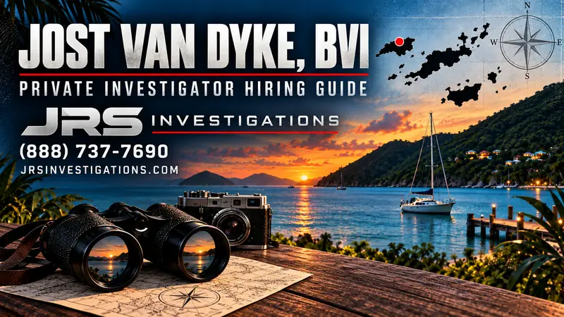 Jost Van Dyke BVI private investigator hiring guide with Caribbean coastline, investigation tools and Jost Van Dyke location marker