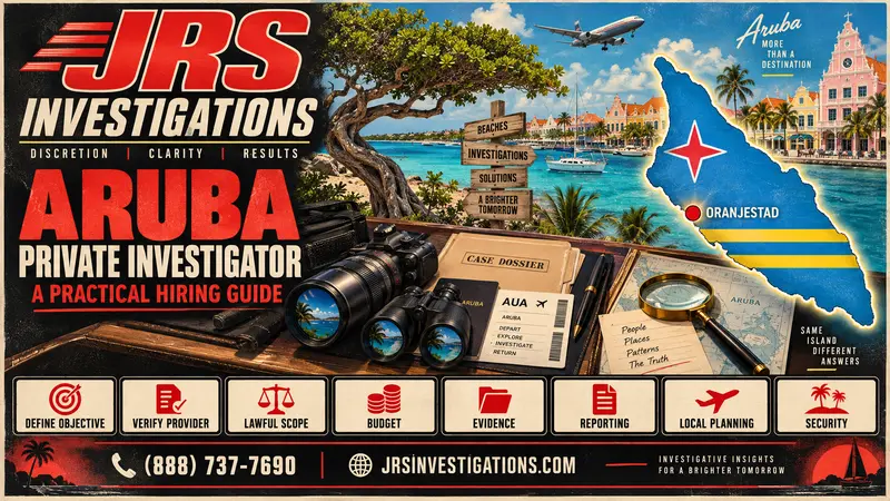 Aruba private investigator hiring guide with Oranjestad map, investigative equipment and eight planning steps