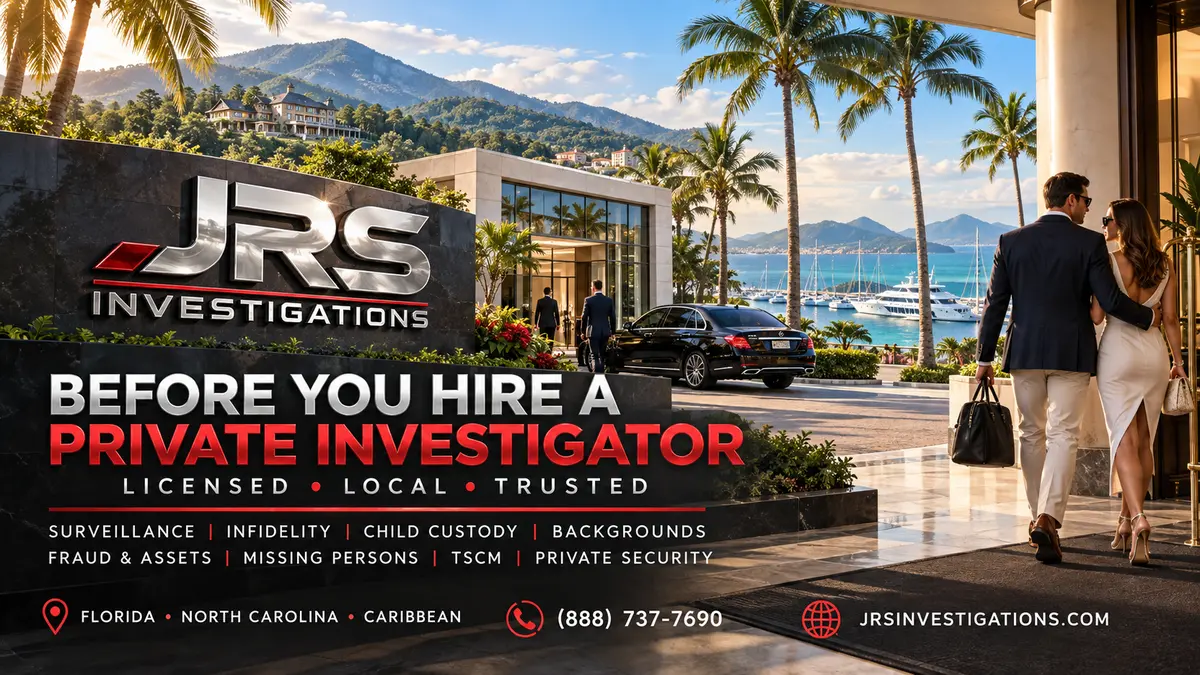 JRS Investigations guide to hiring a private investigator for surveillance, infidelity, child custody, backgrounds, fraud, missing persons, TSCM, and private security