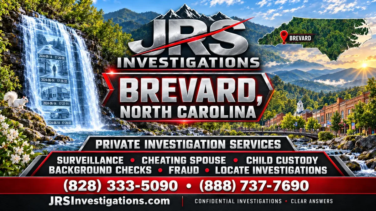 JRS Investigations private investigation services in Brevard, North Carolina, with waterfall, Blue Ridge Mountains and Brevard map marker
