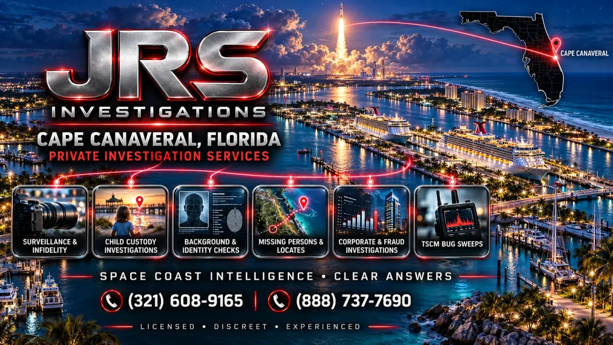 JRS Cape Canaveral private investigator services with rocket launch, Port Canaveral, surveillance, custody, background checks, missing persons, corporate fraud and TSCM